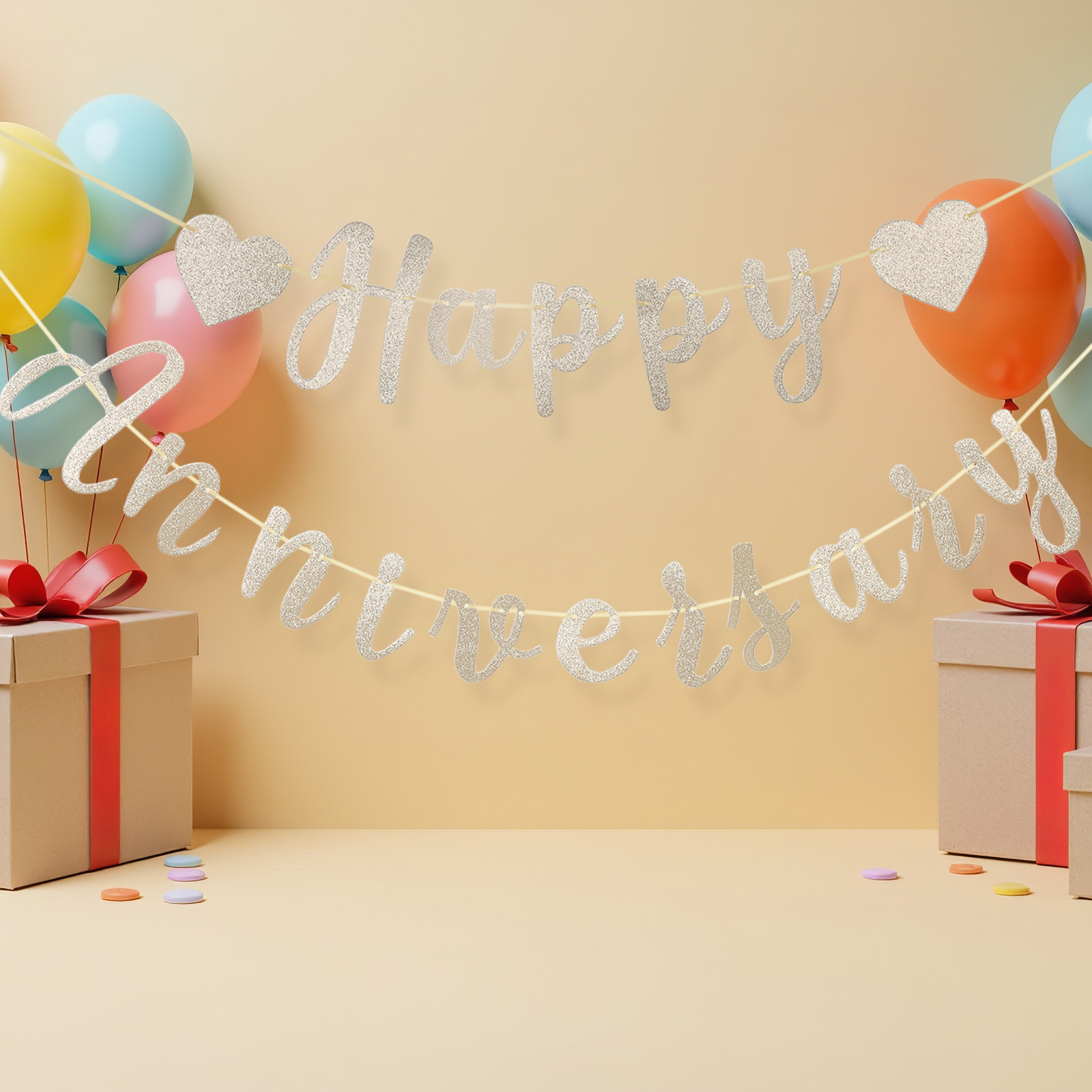 Party Banner Gold - Happy Anniversary Banner Gold Glitter Pre-Strung